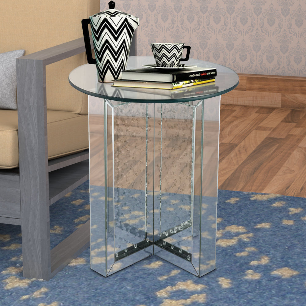 23’ Round Mirrored End Table with Glass Top Silver By ACME AMF-80217