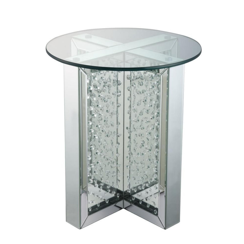 23’ Round Mirrored End Table with Glass Top Silver By ACME AMF-80217