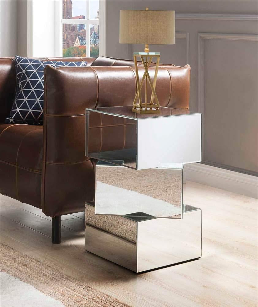 Mirror and Glass End Table with Unique Geometrical Base Design Silver - 80272 AMF-80272