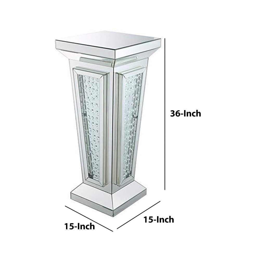 Glass Top Pedestal Stand with Mirror Panel and Faux Crystal Silver AMF-80392