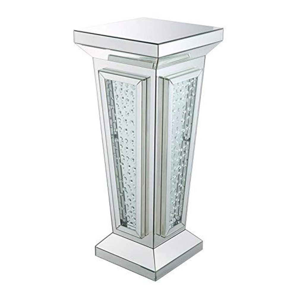 Glass Top Pedestal Stand with Mirror Panel and Faux Crystal Silver AMF-80392