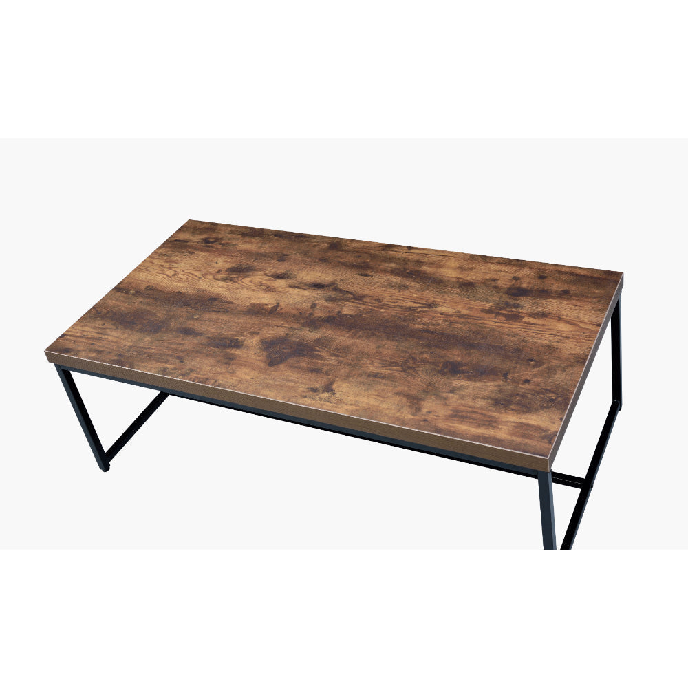 Metal Framed Coffee Table with Wooden Top, Weathered Oak Brown and Black - 80615