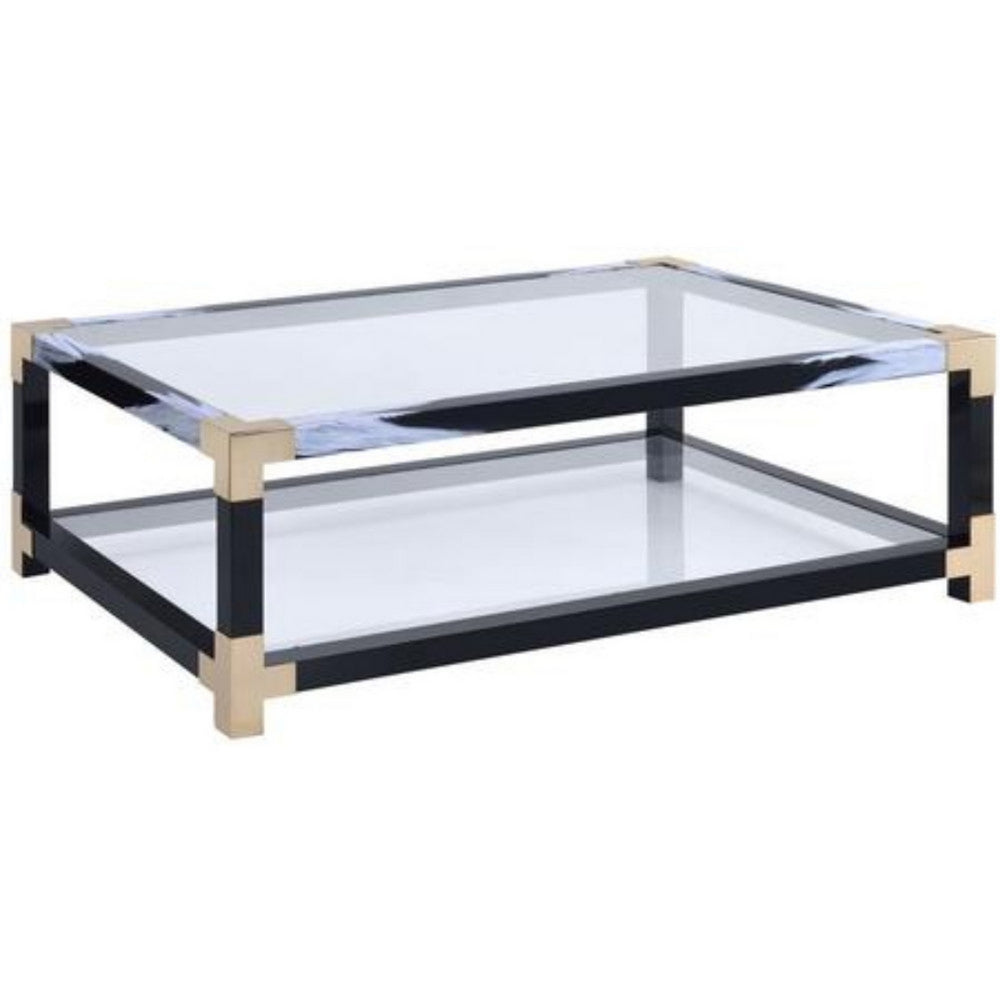 Rectangular Metal Coffee Table with Glass Top and Shelf, Black - 81000