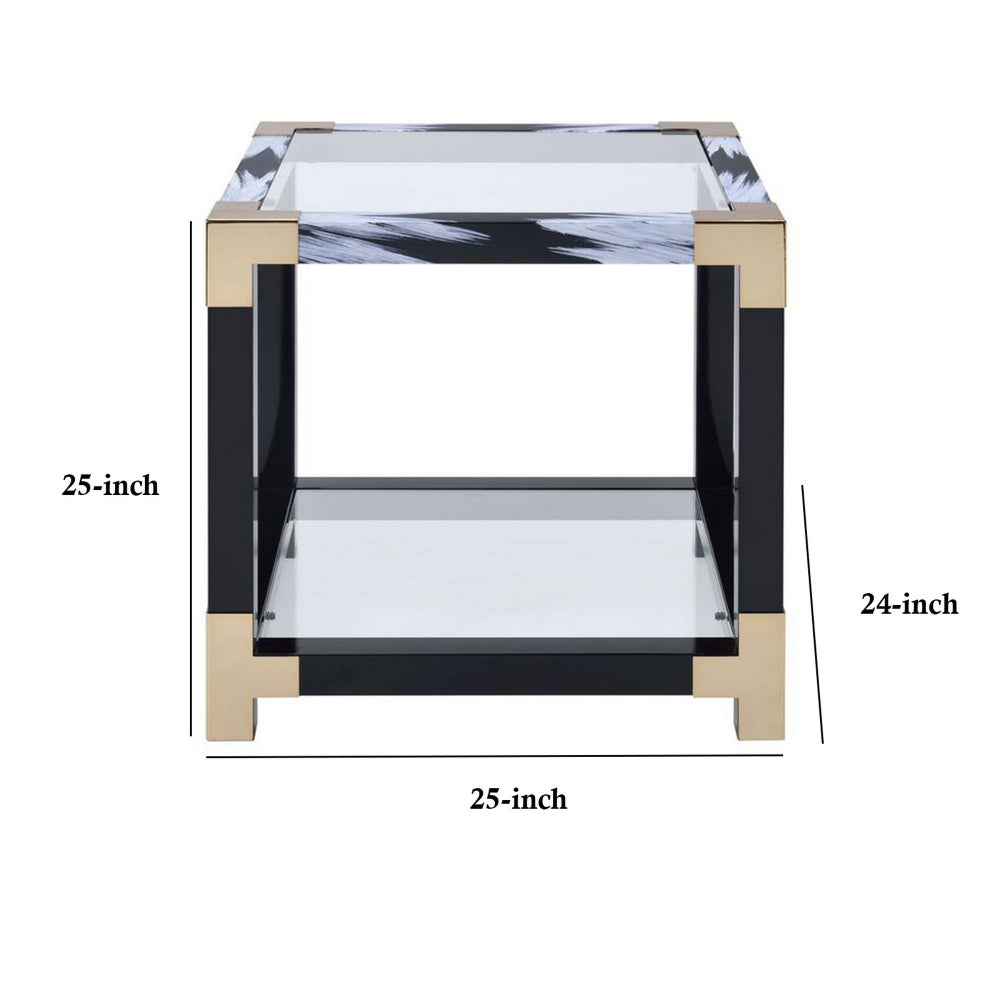 25’ Metal Frame Square End Table with Glass Top and Bottom Clear and Black AMF-81002