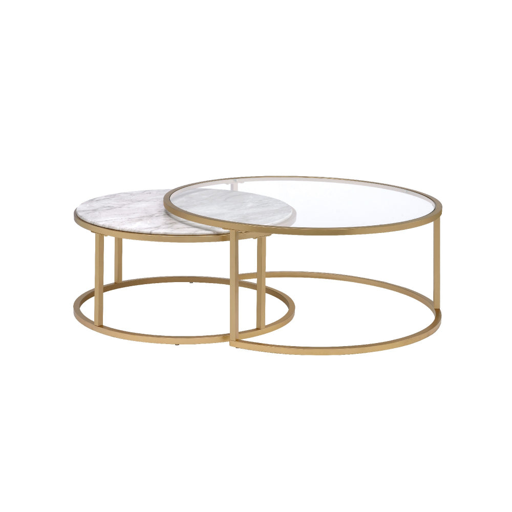 Nesting Coffee Tables with Glass and Marble Tops Set of Two Gold Frame - 81110 AMF-81110