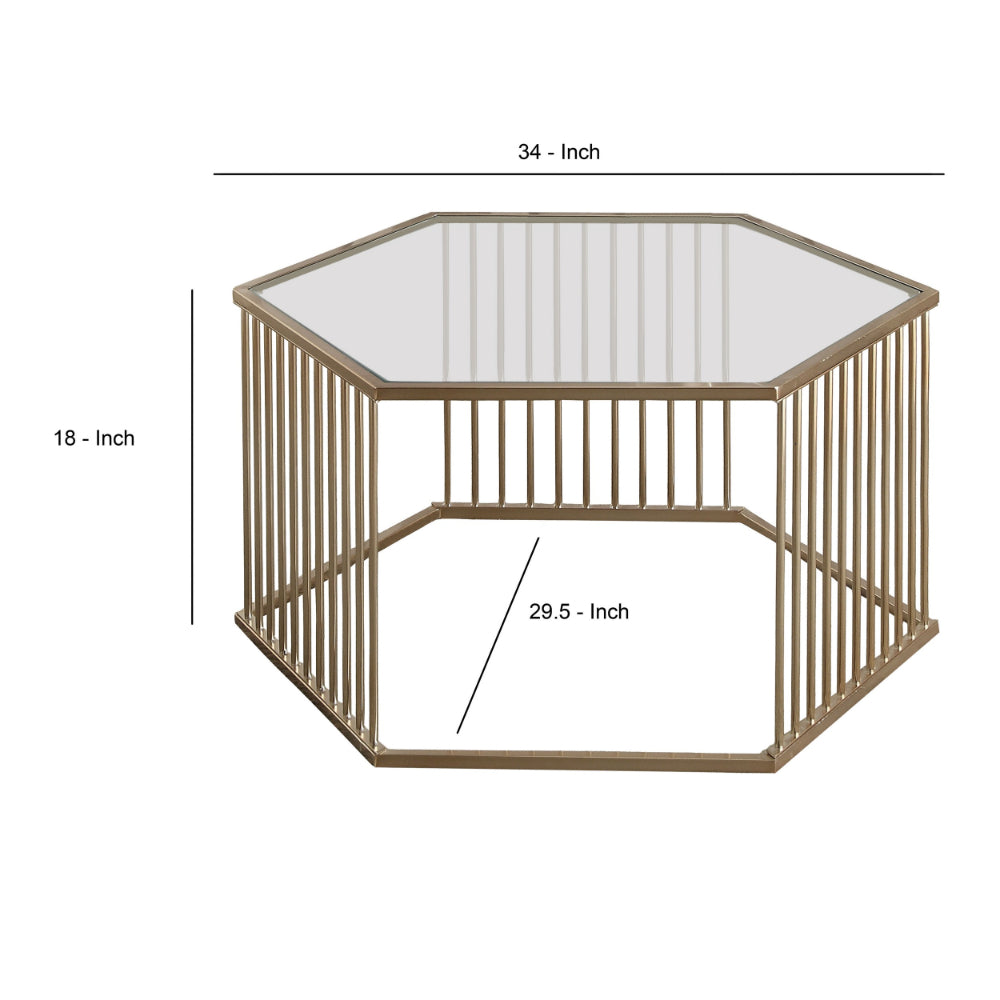 Mirrored Top Hexagon Coffee Table With Vertical Line Metal Base Champagne & Clear By Casagear Home AMF-81240