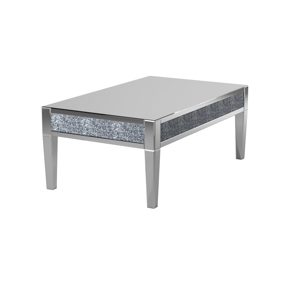 Wooden and Mirror Rectangular Coffee Table with Faux Crystals Inlay Silver AMF-81415