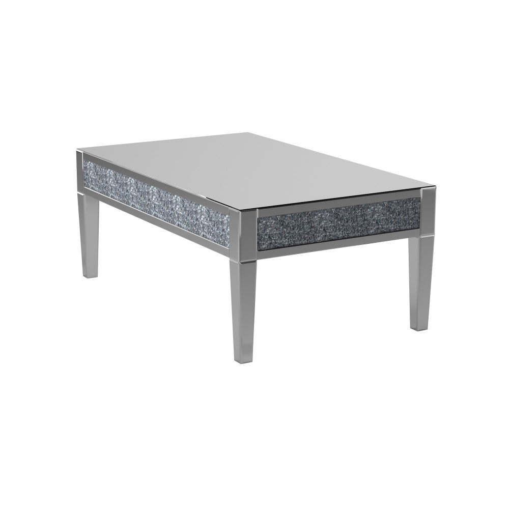 Wooden and Mirror Rectangular Coffee Table with Faux Crystals Inlay Silver AMF-81415