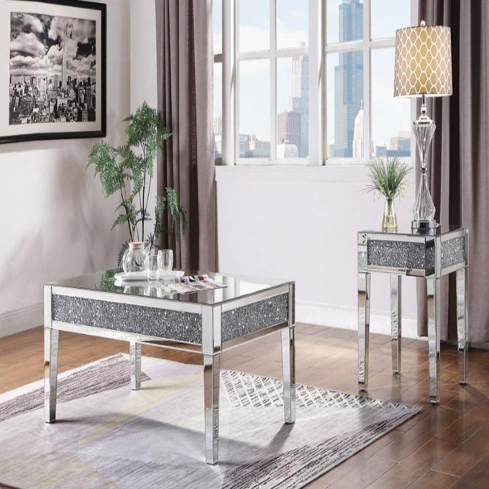 Wood and Mirror End Table with Faux Crystals Inlay, Clear By Casagear Home