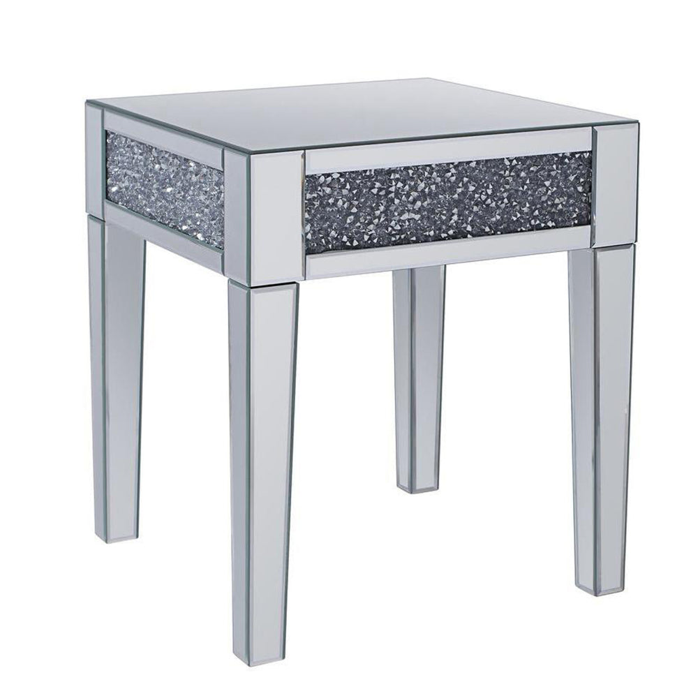 Wood and Mirror End Table with Faux Crystals Inlay Clear By Casagear Home AMF-81417