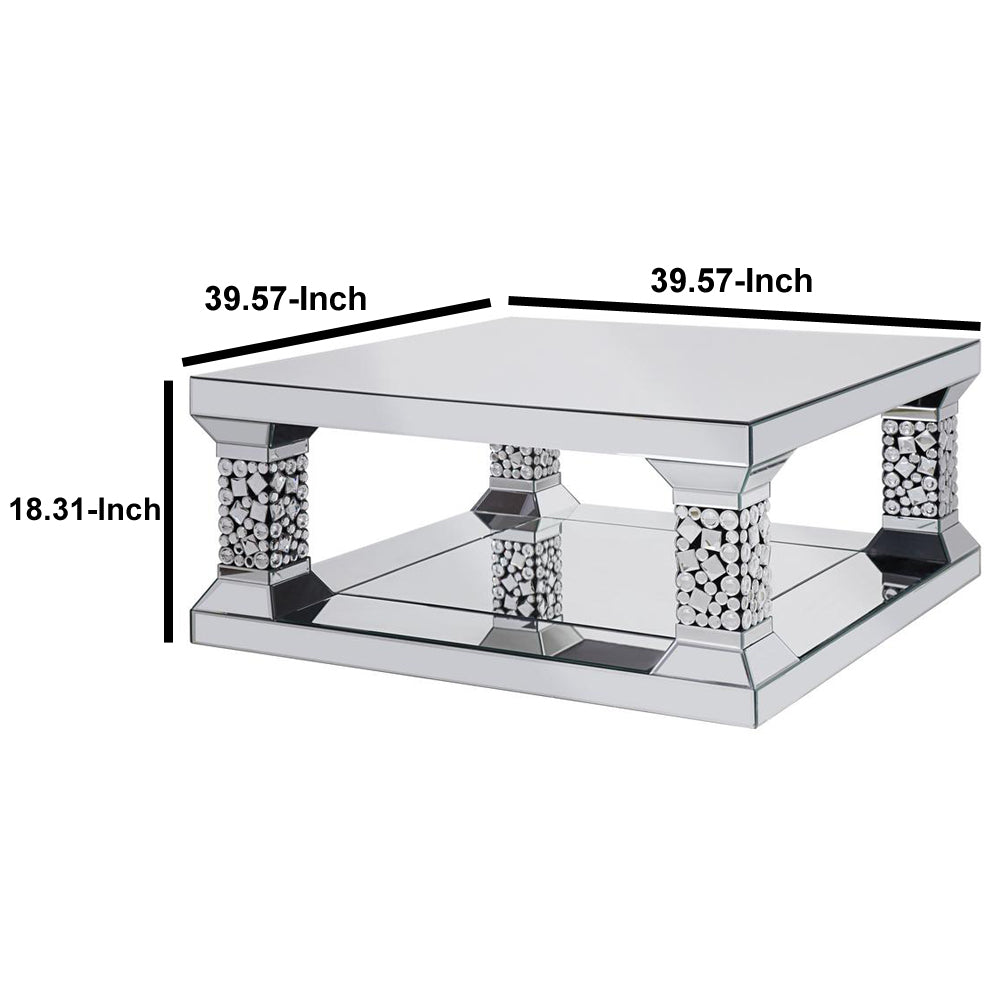 Wood and Mirror Coffee Table with One Shelf Clear and Black By Casagear Home AMF-81425