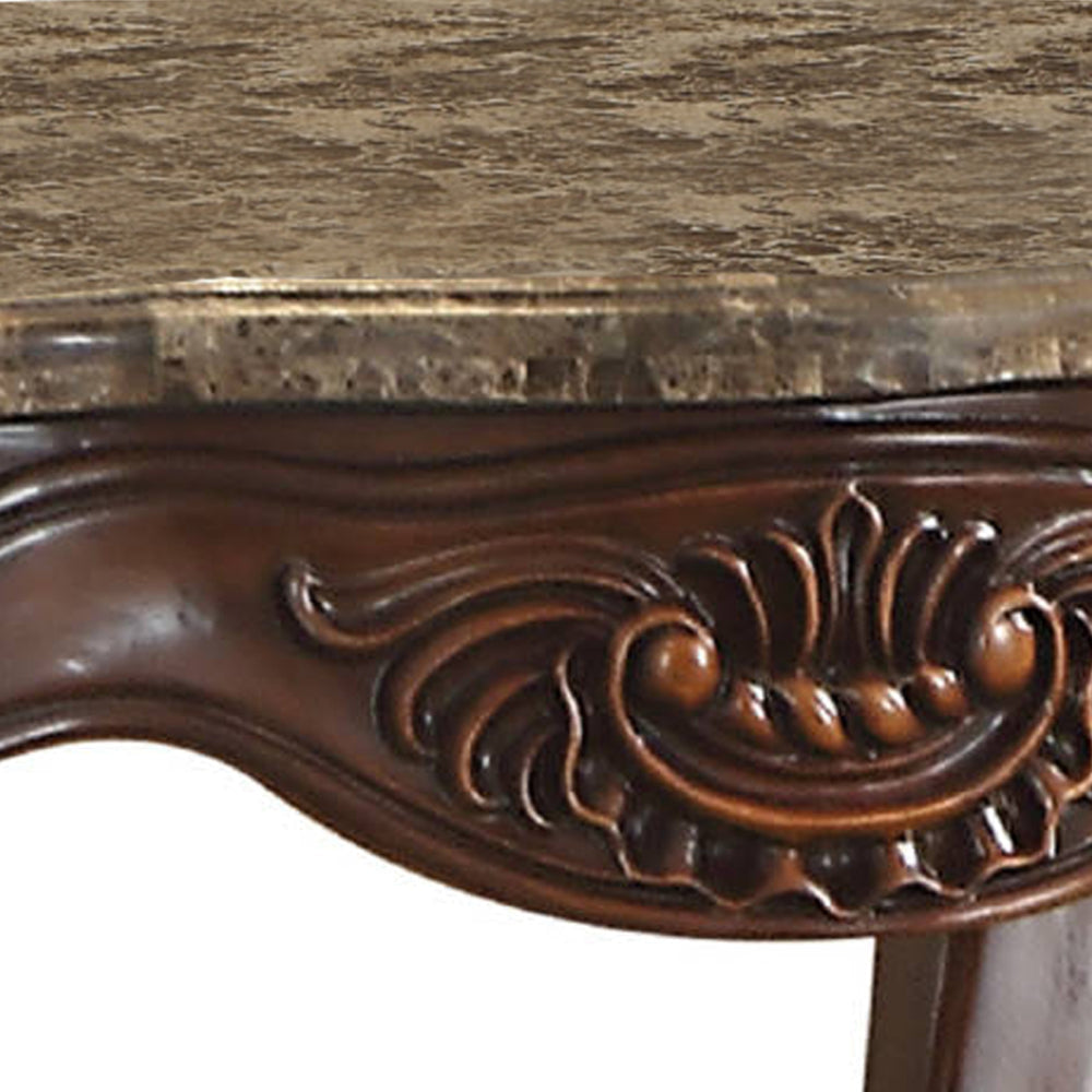 Marble Top End Table With Motif Engraved Cabriole Legs, Brown By Casagear Home