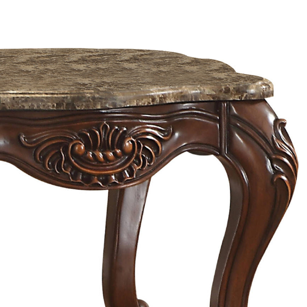 Marble Top End Table With Motif Engraved Cabriole Legs Brown By Casagear Home AMF-81657