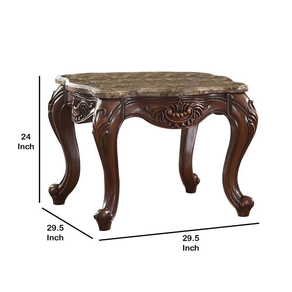 Marble Top End Table With Motif Engraved Cabriole Legs Brown By Casagear Home AMF-81657