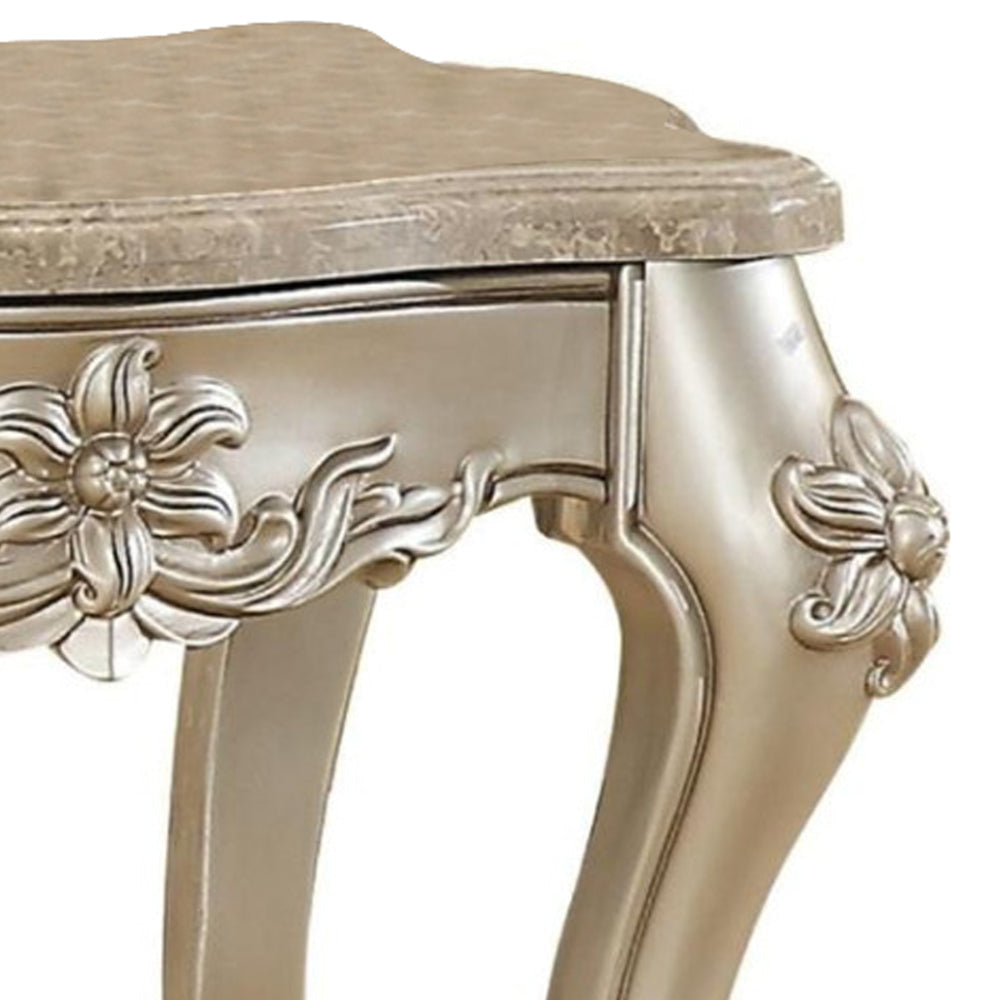 Marble Top End Table With Flower Motif Engraved Angular Wood Feet Silver AMF-81667