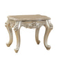 Marble Top End Table With Flower Motif Engraved Angular Wood Feet, Silver