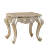 Marble Top End Table With Flower Motif Engraved Angular Wood Feet, Silver