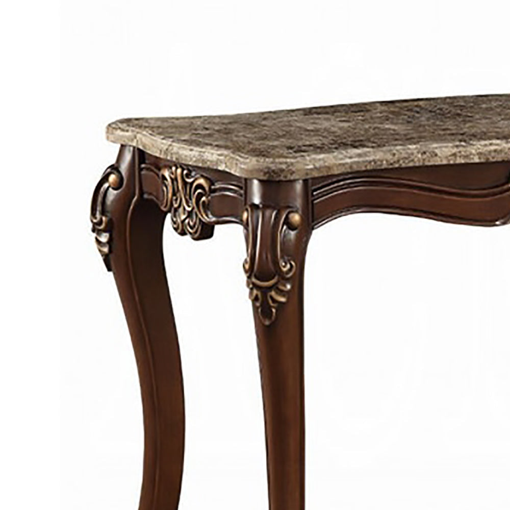 Marble Top Sofa Table With Carved Floral Motifs Wooden Feet, Brown