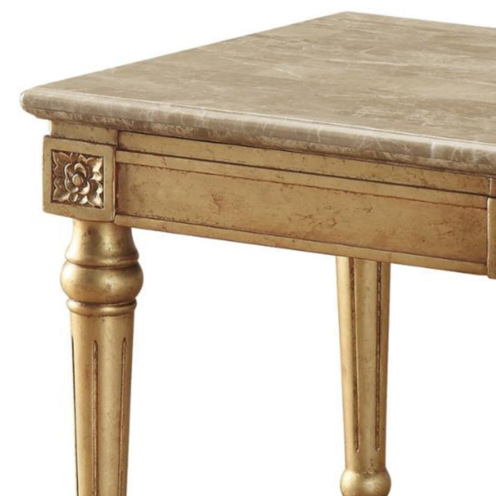 Marble Top End Table With Fluted Detail Wooden Turned Legs Gold AMF-81717