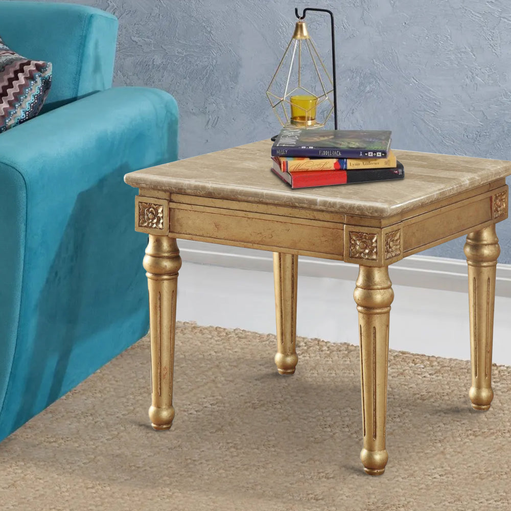 Marble Top End Table With Fluted Detail Wooden Turned Legs, Gold