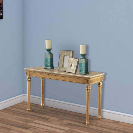 Marble Top Sofa Table With Fluted Detail Wooden Turned Legs, Gold