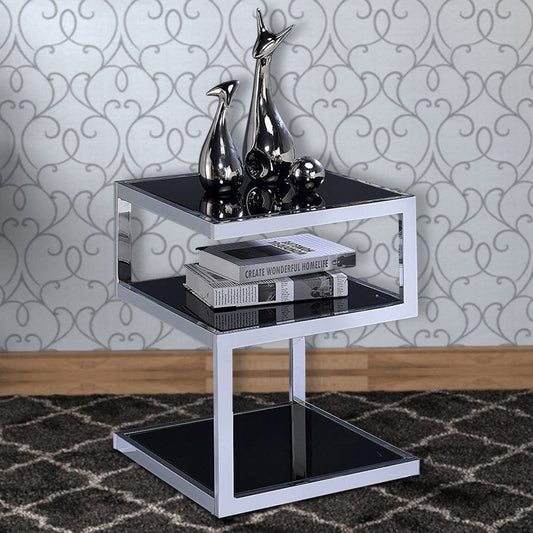 Alyea End Table, Black Glass & Chrome