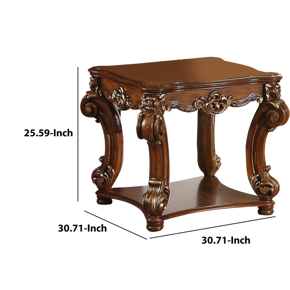 Square Top End Table With Scrolled Leg And Bottom Shelf Cherry Brown AMF-82001