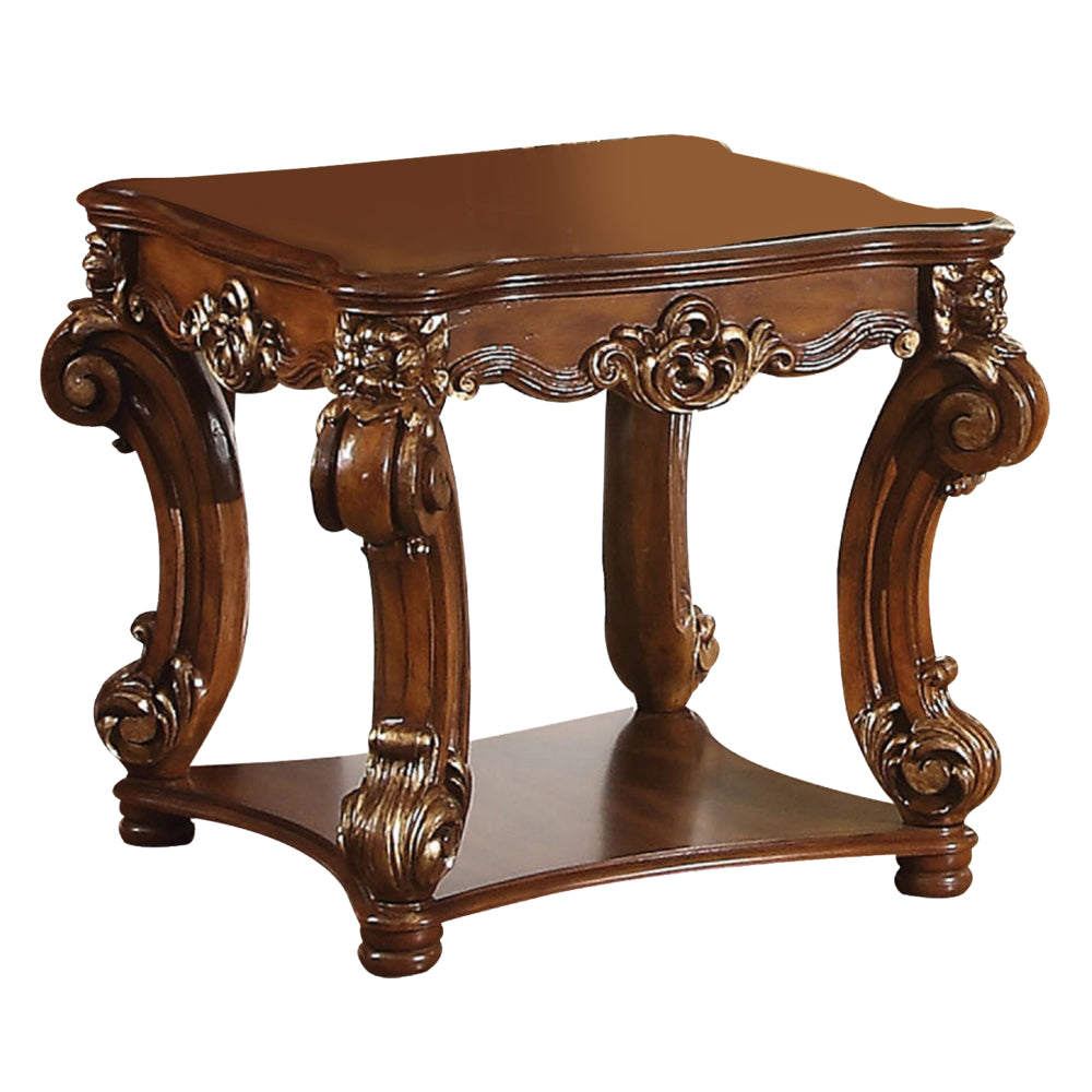 Square Top End Table With Scrolled Leg And Bottom Shelf Cherry Brown AMF-82001