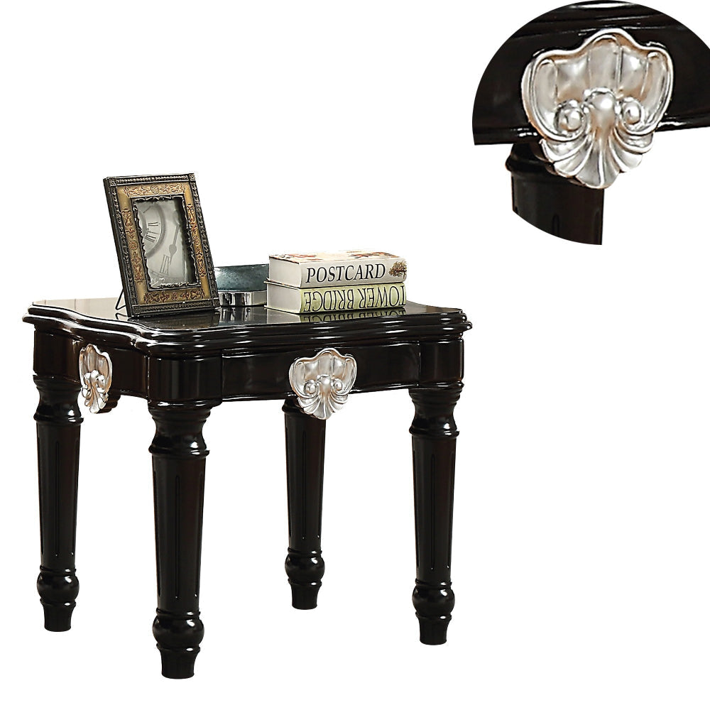 Wooden End Table With Contrast Carved Motif Turned Legs Black AMF-82112