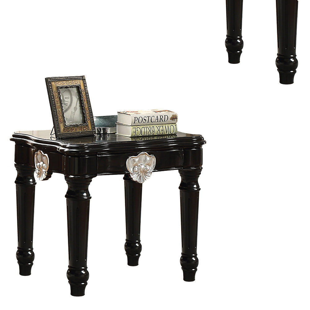 Wooden End Table With Contrast Carved Motif Turned Legs Black AMF-82112