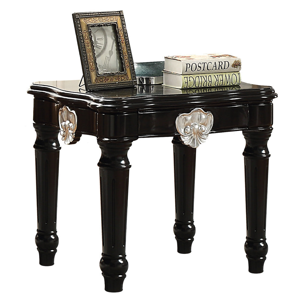 Wooden End Table With Contrast Carved Motif Turned Legs, Black