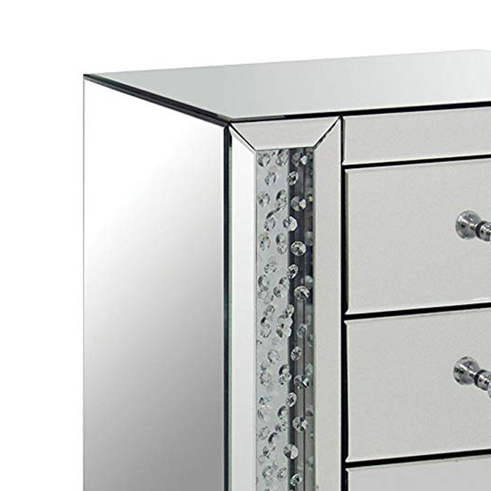 3 Drawer Mirrored Nightstand with Faux Crystals Inlay Silver AMF-82778