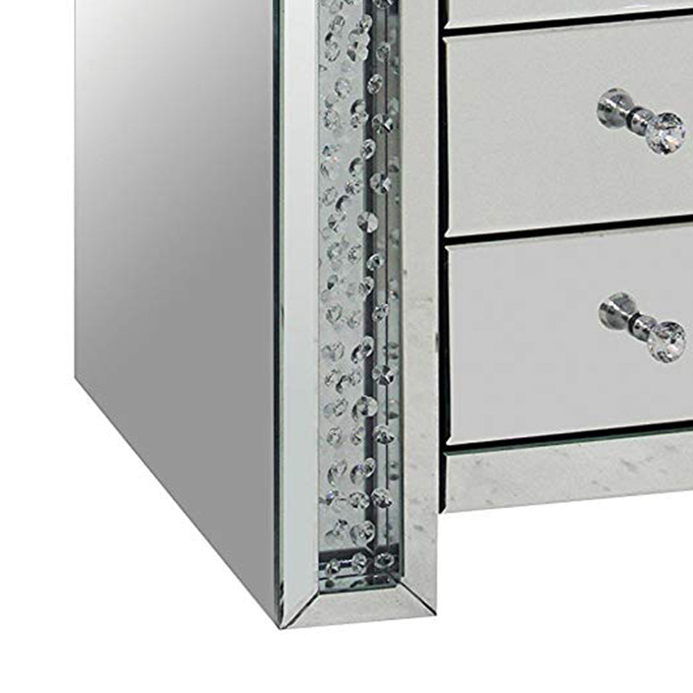 3 Drawer Mirrored Nightstand with Faux Crystals Inlay Silver AMF-82778