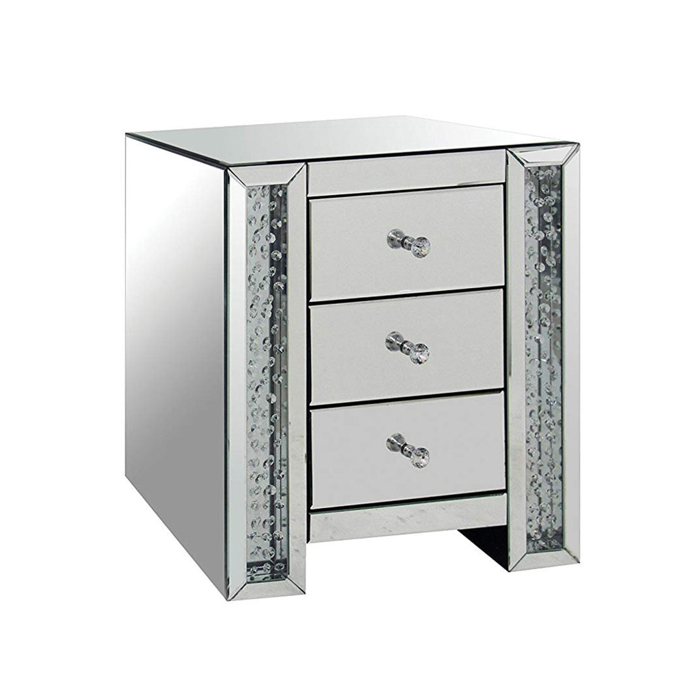 3 Drawer Mirrored Nightstand with Faux Crystals Inlay Silver AMF-82778