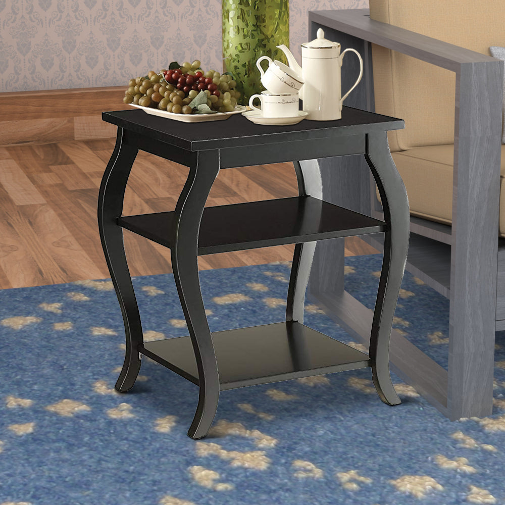 Wooden End Table with 2 Open Shelves and Cabriole Legs, Black