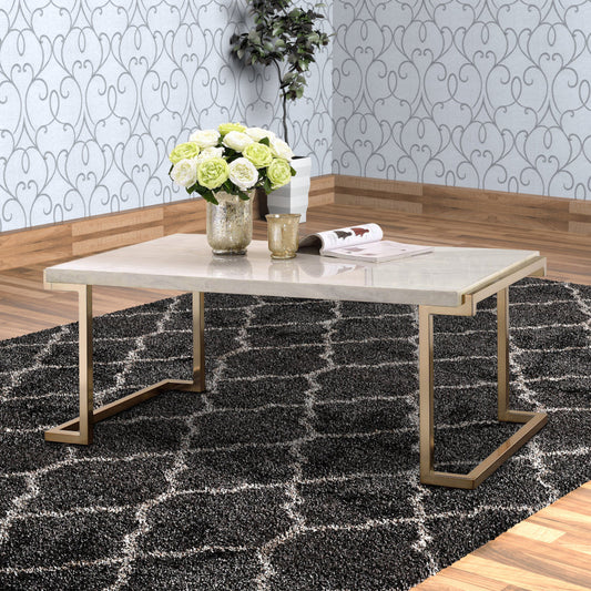 Faux Marble Top Coffee Table With Metal Base, White And Gold