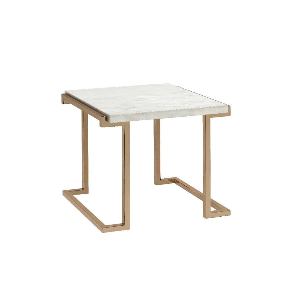 Marble Top End Table With Metal Base White And Gold AMF-82872