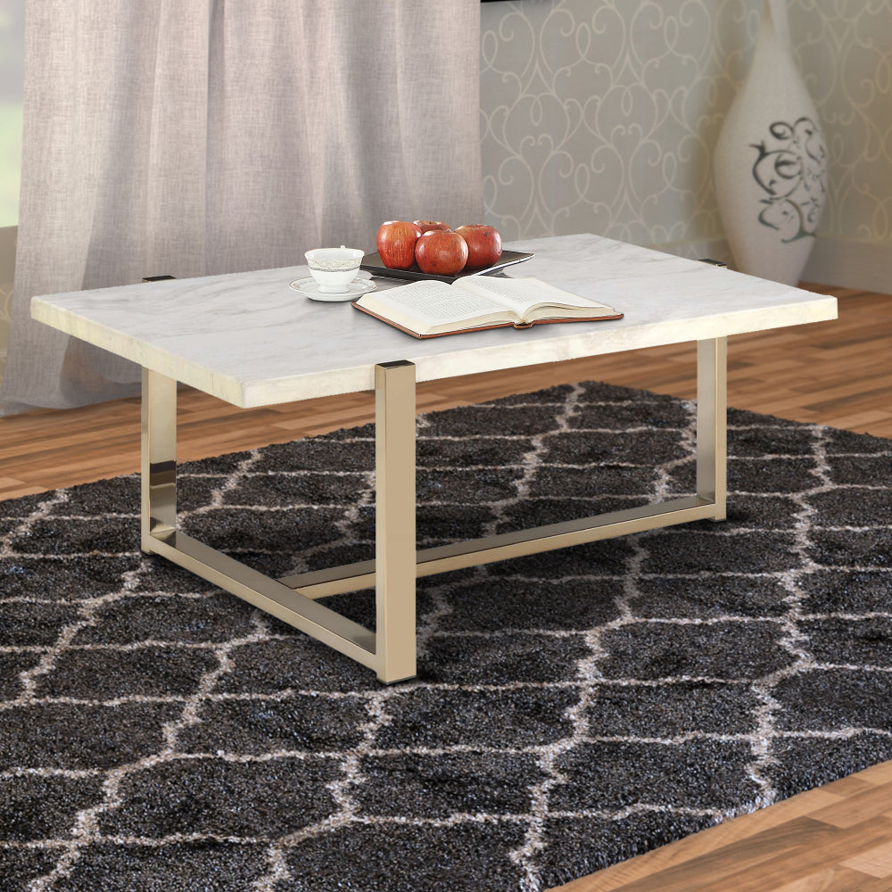 Modern Metal Framed Coffee Table with Faux Marble Top, White and Gold - 83105