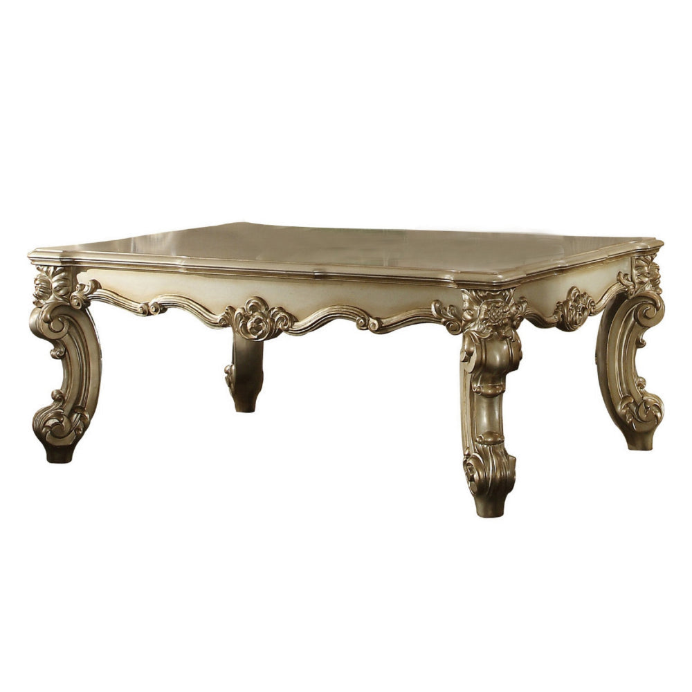 Polyresin Coated Wooden Coffee Table with Engraved Details Gold By Casagear Home AMF-83120