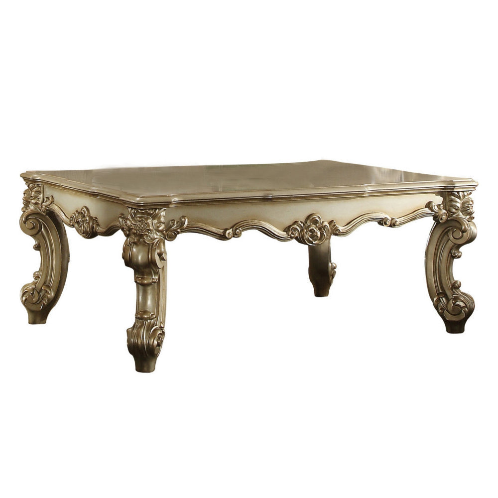 Polyresin Coated Wooden Coffee Table with Engraved Details Gold By Casagear Home AMF-83120