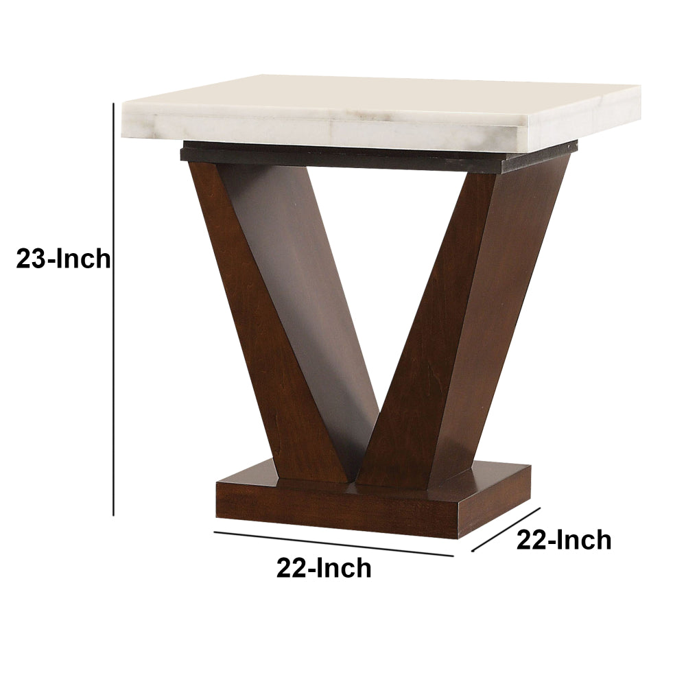 Marble Top End Table with V Shaped Wooden Base White And Brown AMF-83337