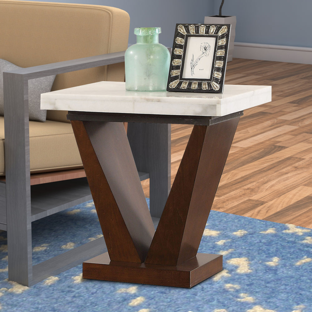 Marble Top End Table with V Shaped Wooden Base, White And Brown