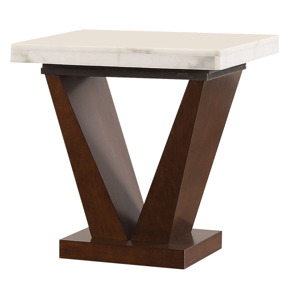 Marble Top End Table with V Shaped Wooden Base White And Brown AMF-83337