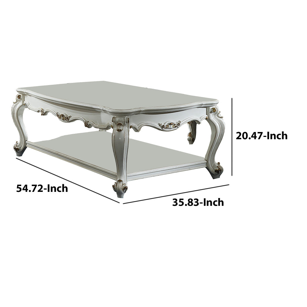 Traditional Style Wooden Coffee Table with Polyresin Carvings and Bottom Shelf White By Casagear Home AMF-83460