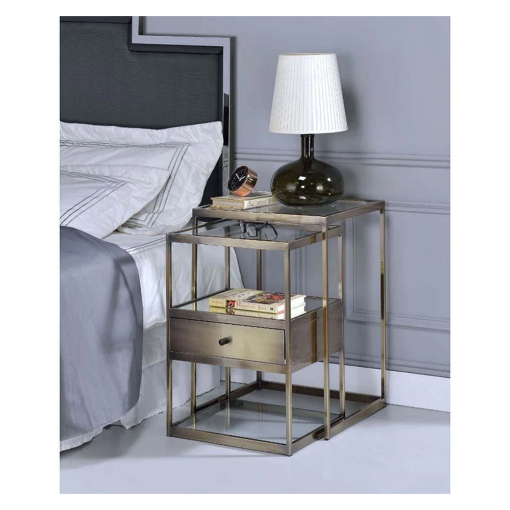 Metal and Glass 2 Piece Nesting Table Set Brown and Clear AMF-84470