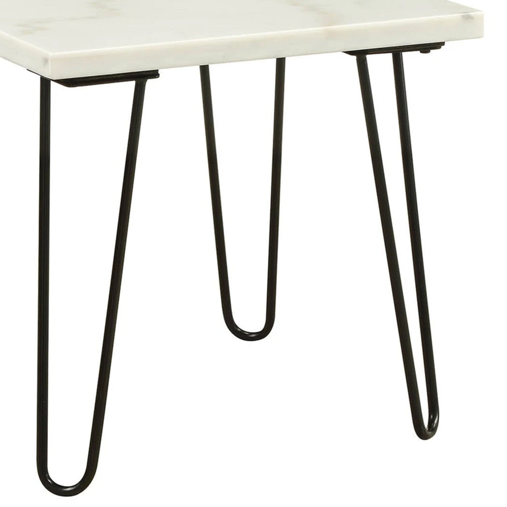 Marble Top End Table with Hairpin Style Metal Legs White and Black By Casagear Home AMF-84502