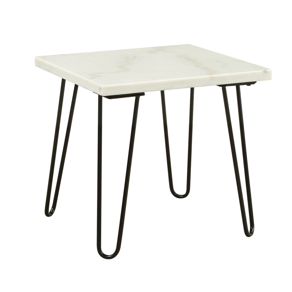 Marble Top End Table with Hairpin Style Metal Legs White and Black By Casagear Home AMF-84502