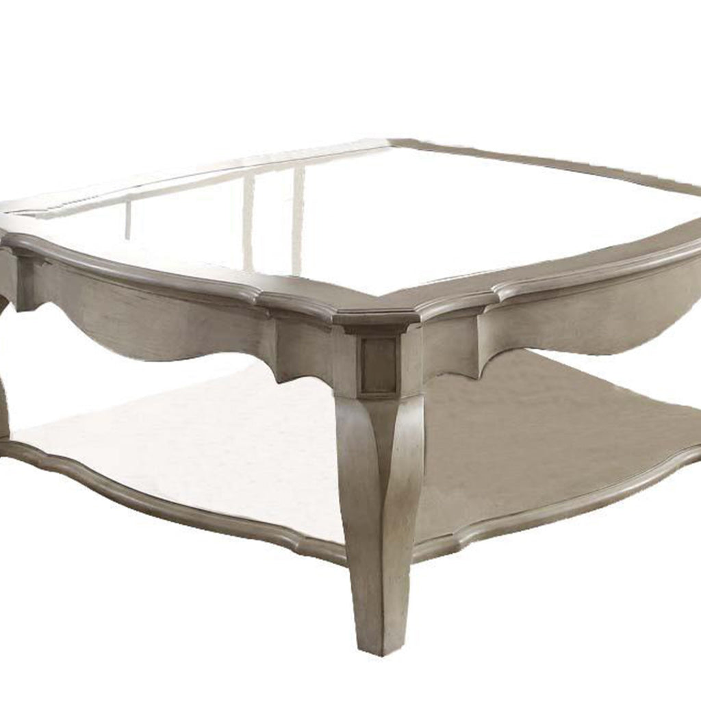 18’ Glass Top Wooden Coffee Table Antique Taupe AMF-86050