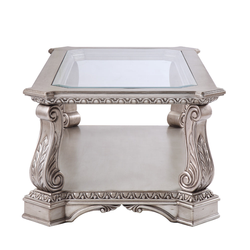 Wooden Coffee Table with Inserted Glass Top and Scrolled Legs Silver and Clear - 86930 AMF-86930