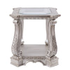 Antique Wooden End Table with Polyresin Engravings and Glass Top Silver and Clear By Casagear Home AMF-86932